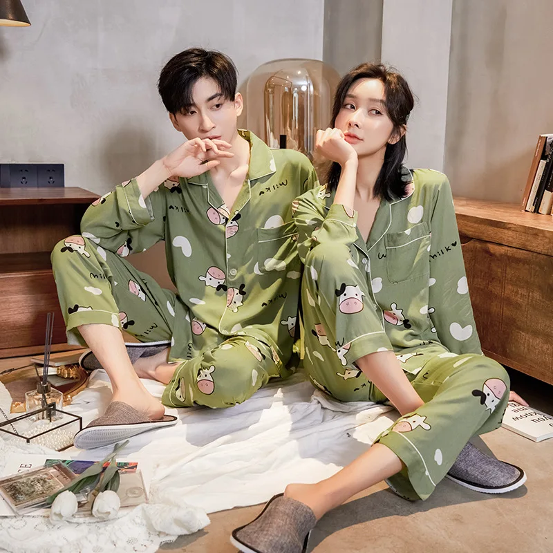 Couples' Pajamas Cotton Silk Men's and Women's New Spring/Summer Rayon Long Sleeve Pants Set Large Lovely Homewear