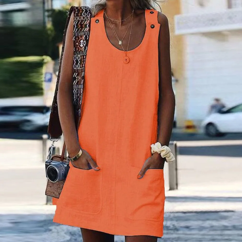 2023 new Loose Dress Cotton Linen Pocket Round Neck Sleeveless Dress Women Summer Vintage Vestido Feminino short