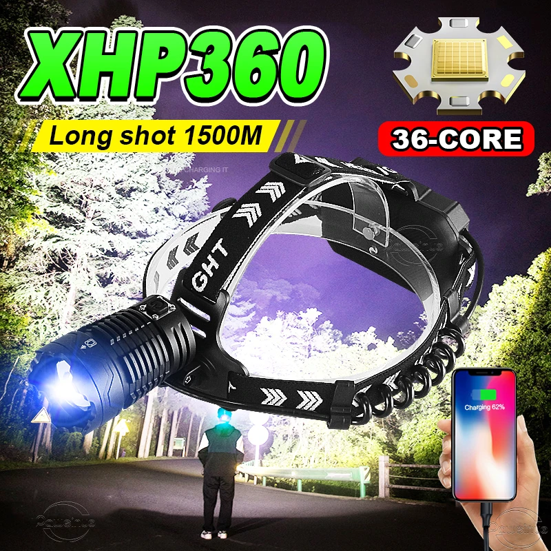 

Фонарь налобный XHP360 с яркими люменами для рыбалки