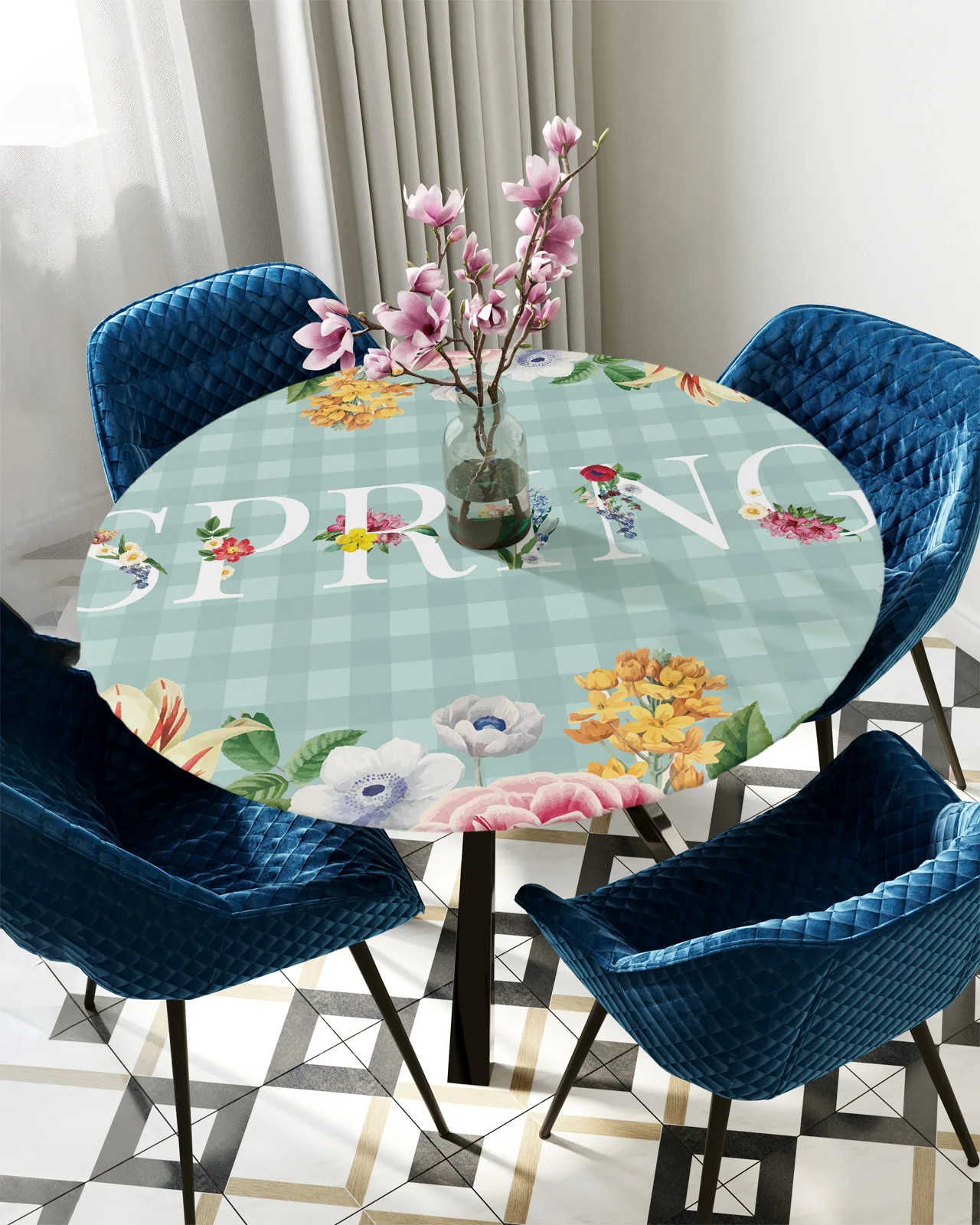 

Spring Flower Plaid Round Rectangular Table Cover Waterproof Elastic Tablecloth For Kitchen Table Cloth Home Decoration