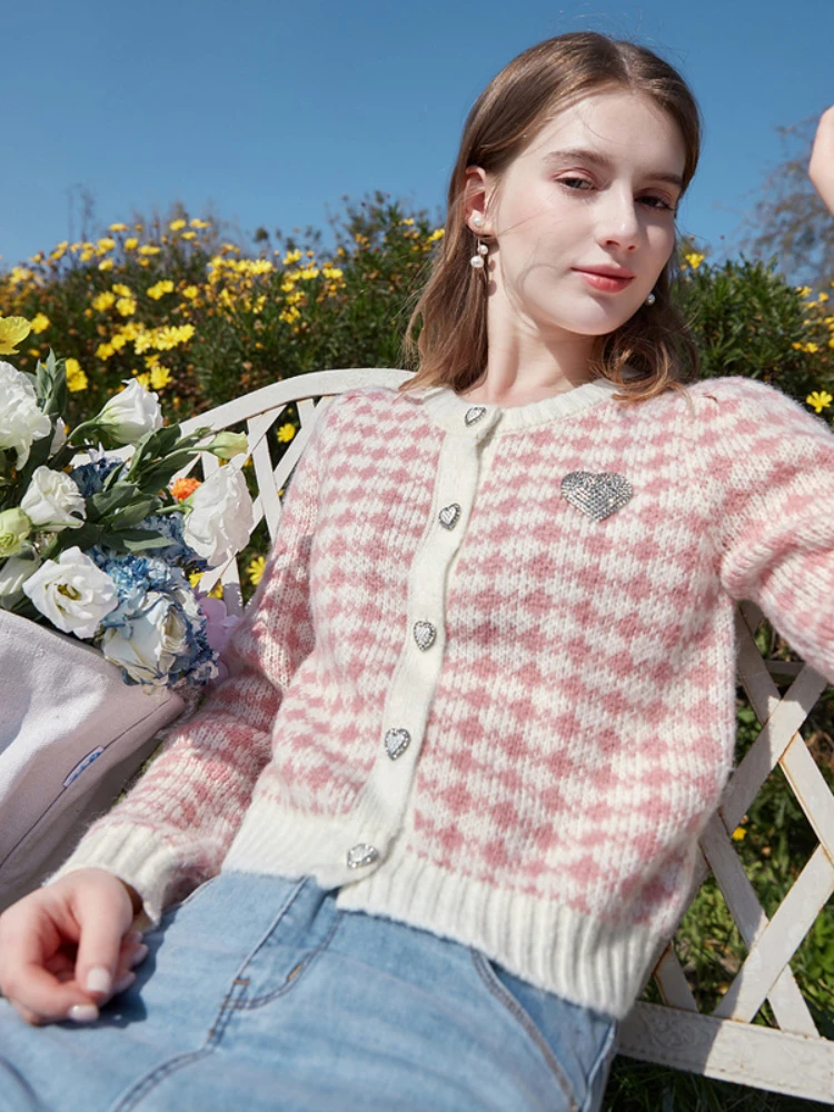 

Женский трикотажный кардиган с рисунком «гусиные лапки», однобортный Свободный пуловер розового и белого цветов, Осень-зима 2022