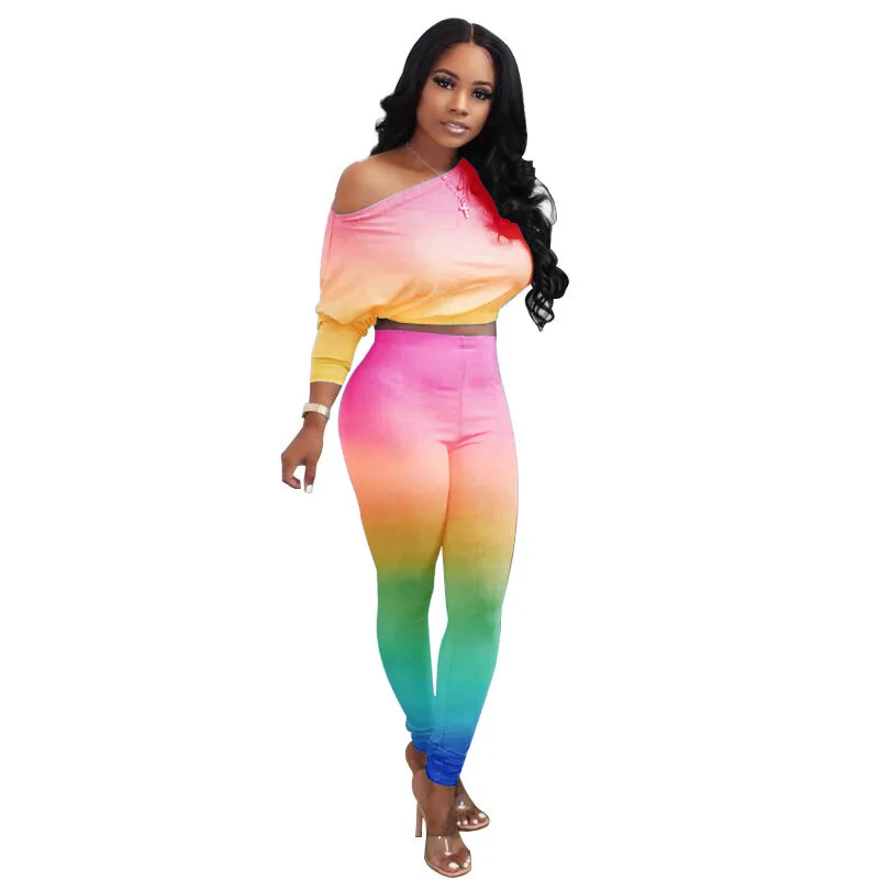 

2022 Spring Woman Gradient 2 Pieces Set Autumn Casual Diagonal Collar Tops & High Waist Trousers Suit Sexy Off Shoulder Suit