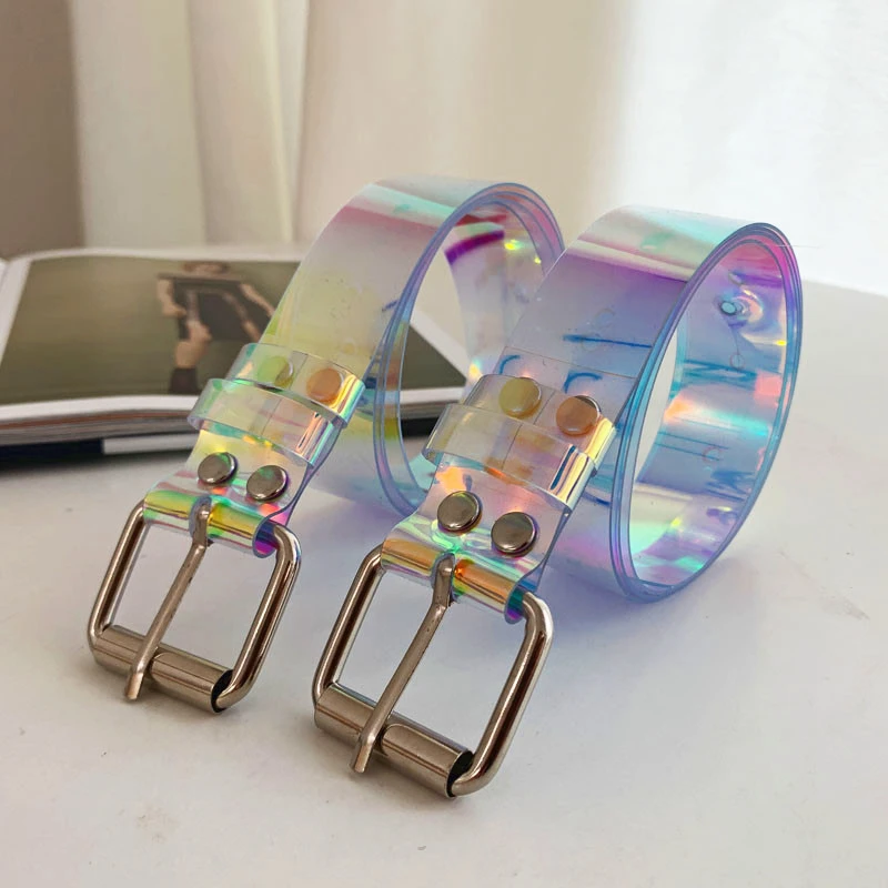 

Женский модный прозрачный ремень, лазерный голографический прозрачный ремень с пряжкой с язычком, широкий пояс для джинсов, Женский ремень, невидимый ремень в стиле панк