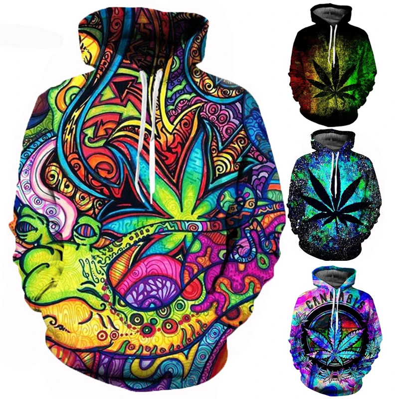 

Men Sweetshirts Weeds Leaf Print 3D Hoodie Oversized Long Sleeve O-Neck Hooded Pullovres Mens Clothes Streetwear Fashion Tops