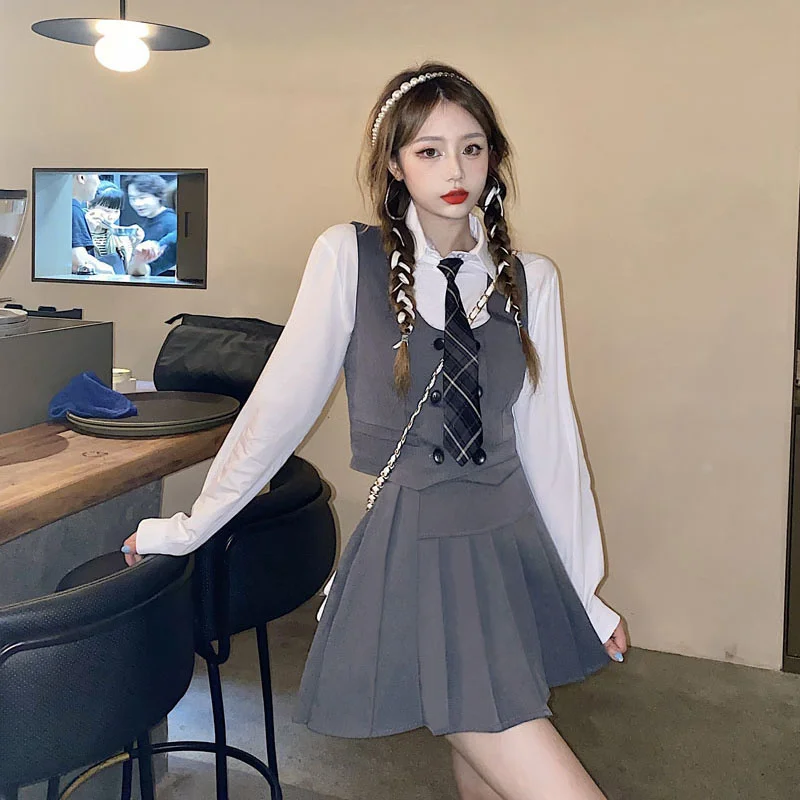 

Korea Women Preppy Style White Blouse Simple Design Sleeve Short Gray Vest + Pleated Skirt 3pcs Set Female Outfits