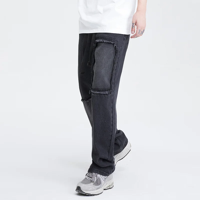 Fall new American high street hip hop straight Leg jeans fashion brand stitching beggar embroidered fashion jeans