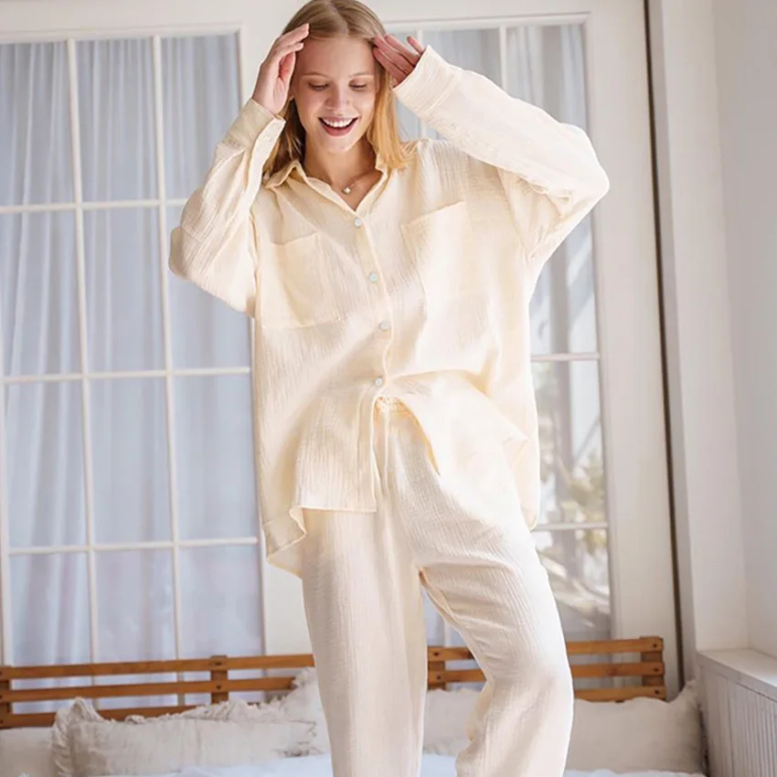 Light Yellow Women's Sleepwear Cotton Pajamas Set 2-Pieces Pyjamas Set Homewear Night Wear For Autumn Winter