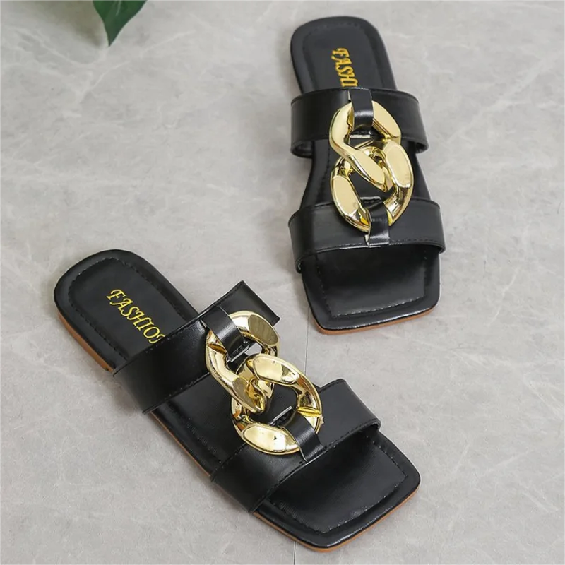 Plus Size 35-43 Flat Leopard Women'S Slippers New European American Metal Chain Square Toe Flat Shoes Women'S Sandals Slippers