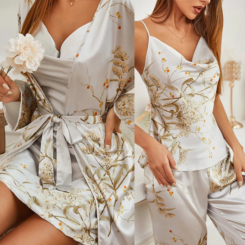 

Suspender Set With Printed Pajamas Women Four Pieces Nightgown Summer Little Slingshorts Satin Sleepwear Clothes Home Cherry