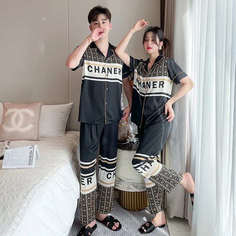 2022 couple pajamas for men and women spring and summer letter printing ice silk imitation silk thin sweet homewear suit