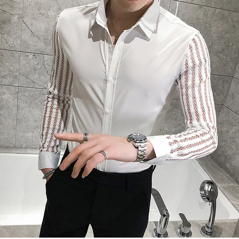 

Рубашка мужская кружевная с длинным рукавом, модная облегающая блузка в стиле пэчворк, смокинг с вырезами, цвет черный/белый, Азиатский размер