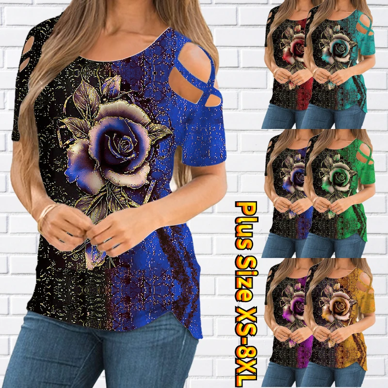 

Женская модная футболка с принтом, топы с коротким рукавом и открытыми плечами, с перекрестным дизайном, повседневные и свободные идеальные Топы