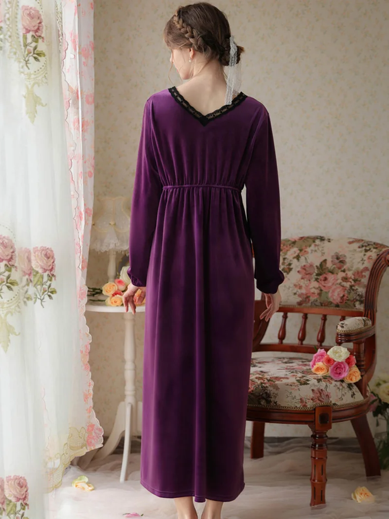 Women Spring Velour Robe V-Neck Backless Long Night Sleep Dress Pleuche Velvet Sleepwear Princess Nightwear Vintage Nightgowns