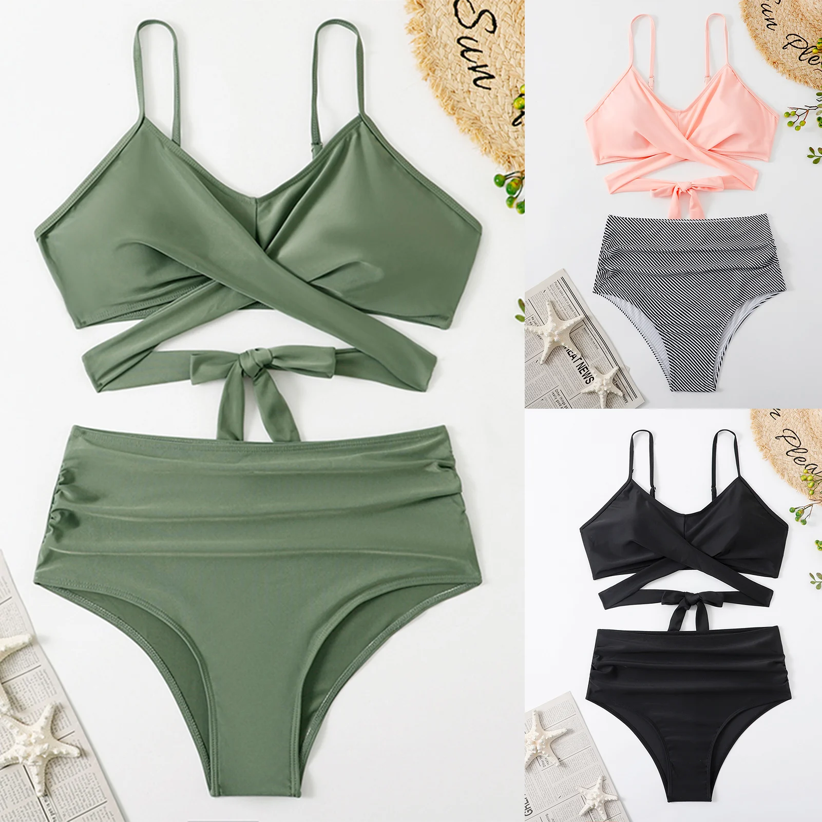 

Women Summer High Waist Bikini Sets Sling Criss Cross Bandage Bikinis Sexy Slim Fit Beachwear Women's Swimsuit