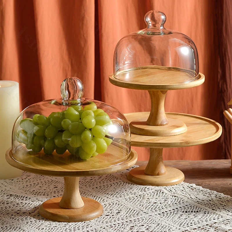 

Simple High Foot Wooden Tray with Glass Cover Modern Hotel Wedding Table Decoration Dessert Cake Stand Trays Decorative