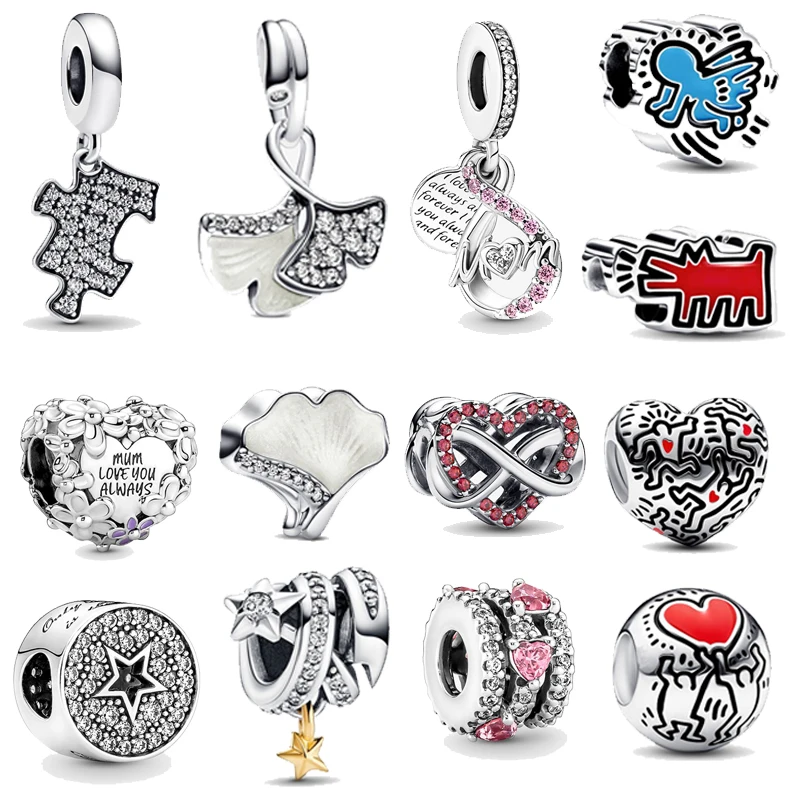 

2Pc/Lot DIY Silver Plated Crystal Ginkgo & Puzzle & Heart Charm Bead Pendant Fit Brand Bracelet Necklace Jewelry Making For Gift