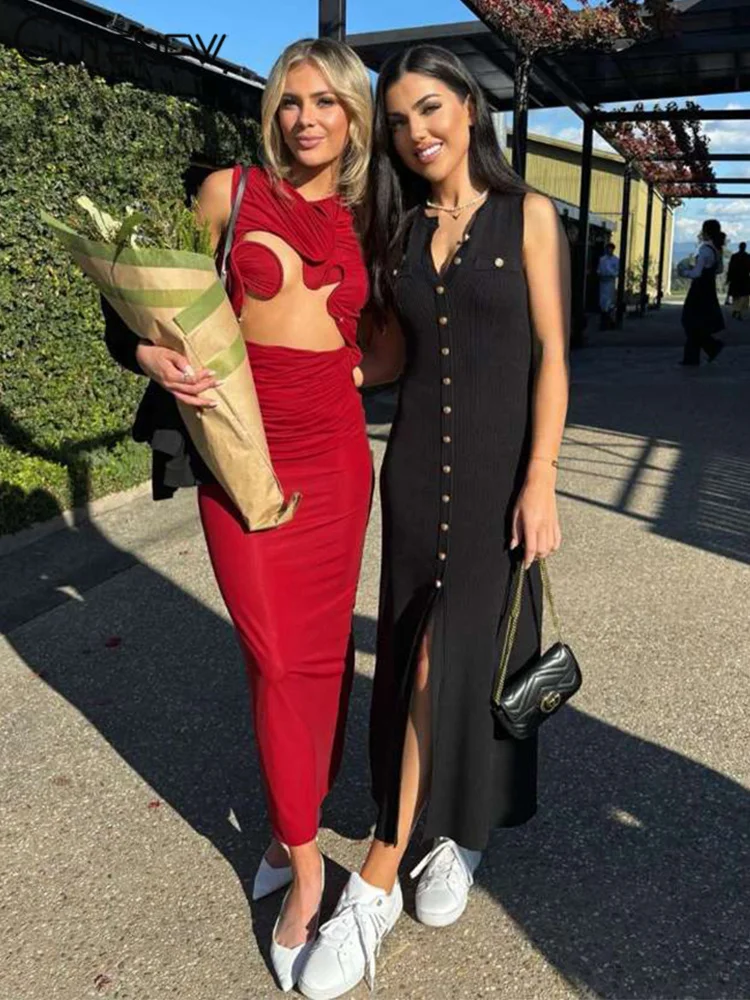 Женское длинное асимметричное платье без рукавов с рюшами