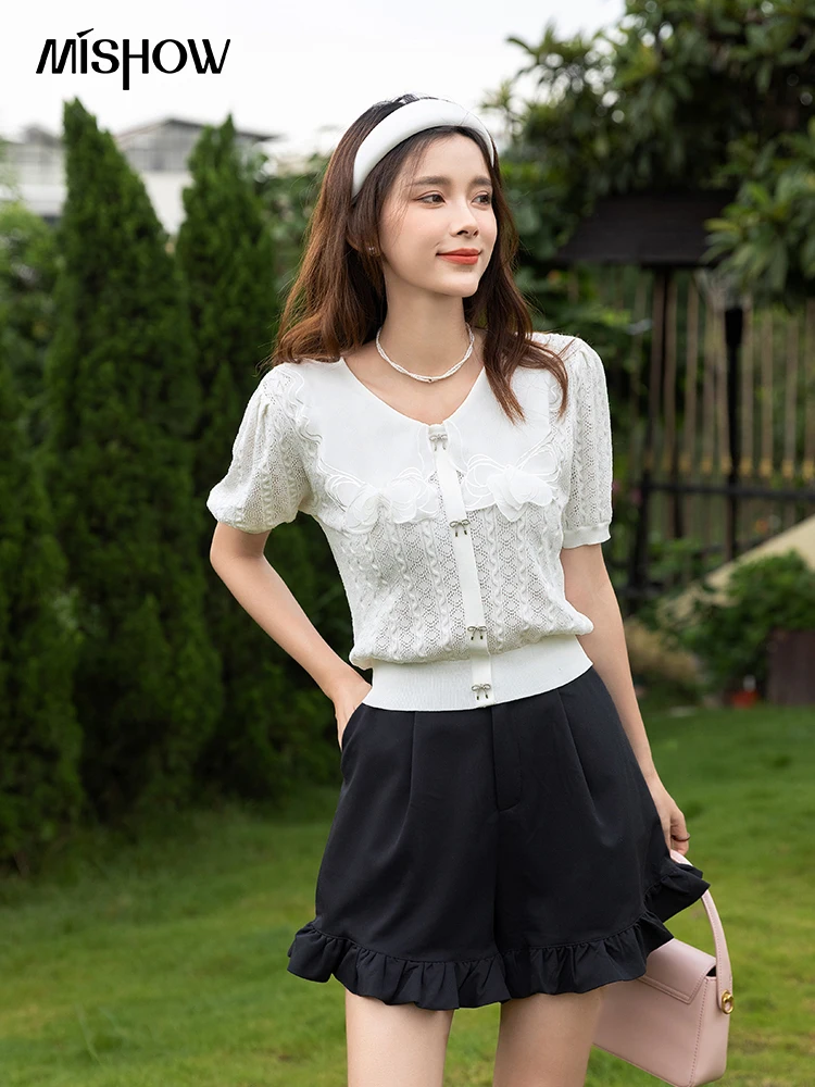 

MISHOW Thin Sweater Summer Korean Fashion Lace Doll Collar Puff Sleeves Tops Office Lady Short Knitted Women Clothes MXB27Z0590