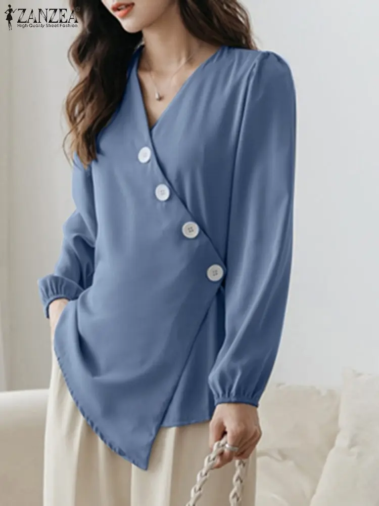 

Korean Stylish V Neck Tops ZANZEA Spring Women Causal Blouses Office Work Shirt Full Sleeved Button Blouse Mujer Tunic Femme