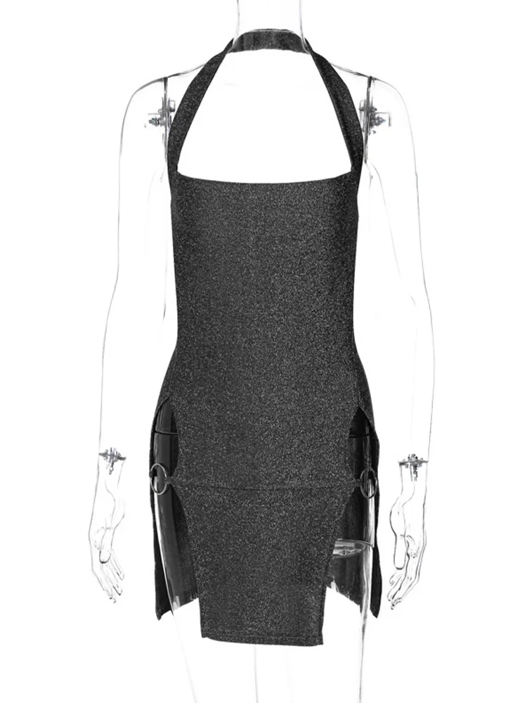 2024 женское элегантное блестящее платье с лямкой на шее и открытой спиной