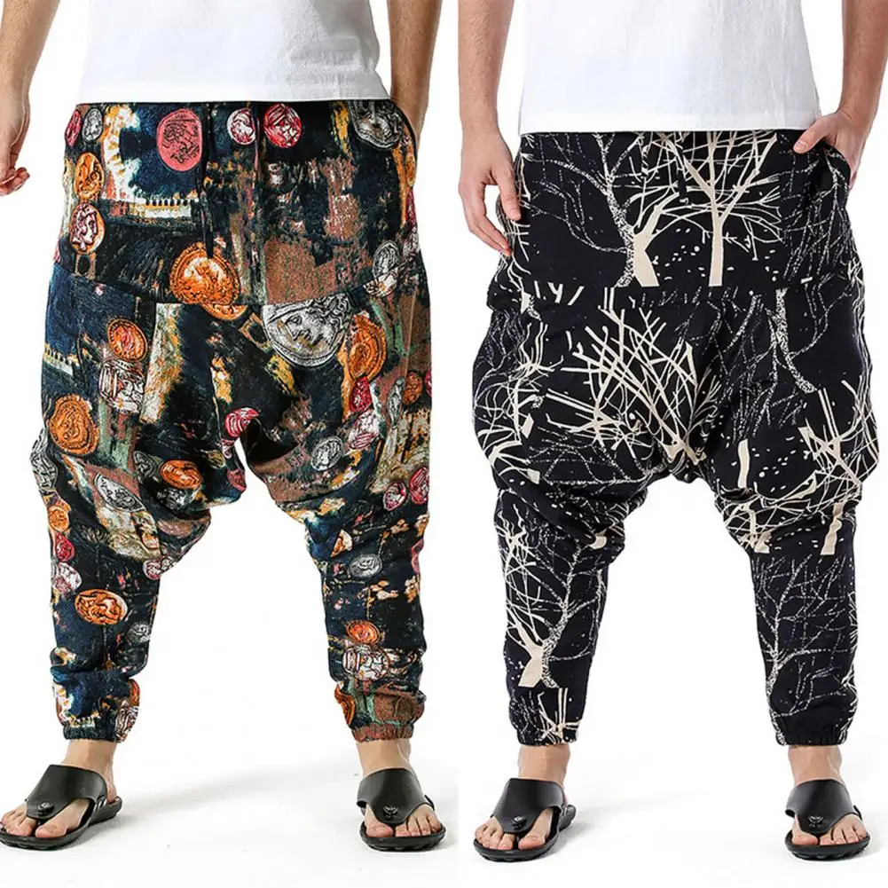 

Men Pants Printed Drop Crotch Summer Multi Pockets Loose Trousers for Beach