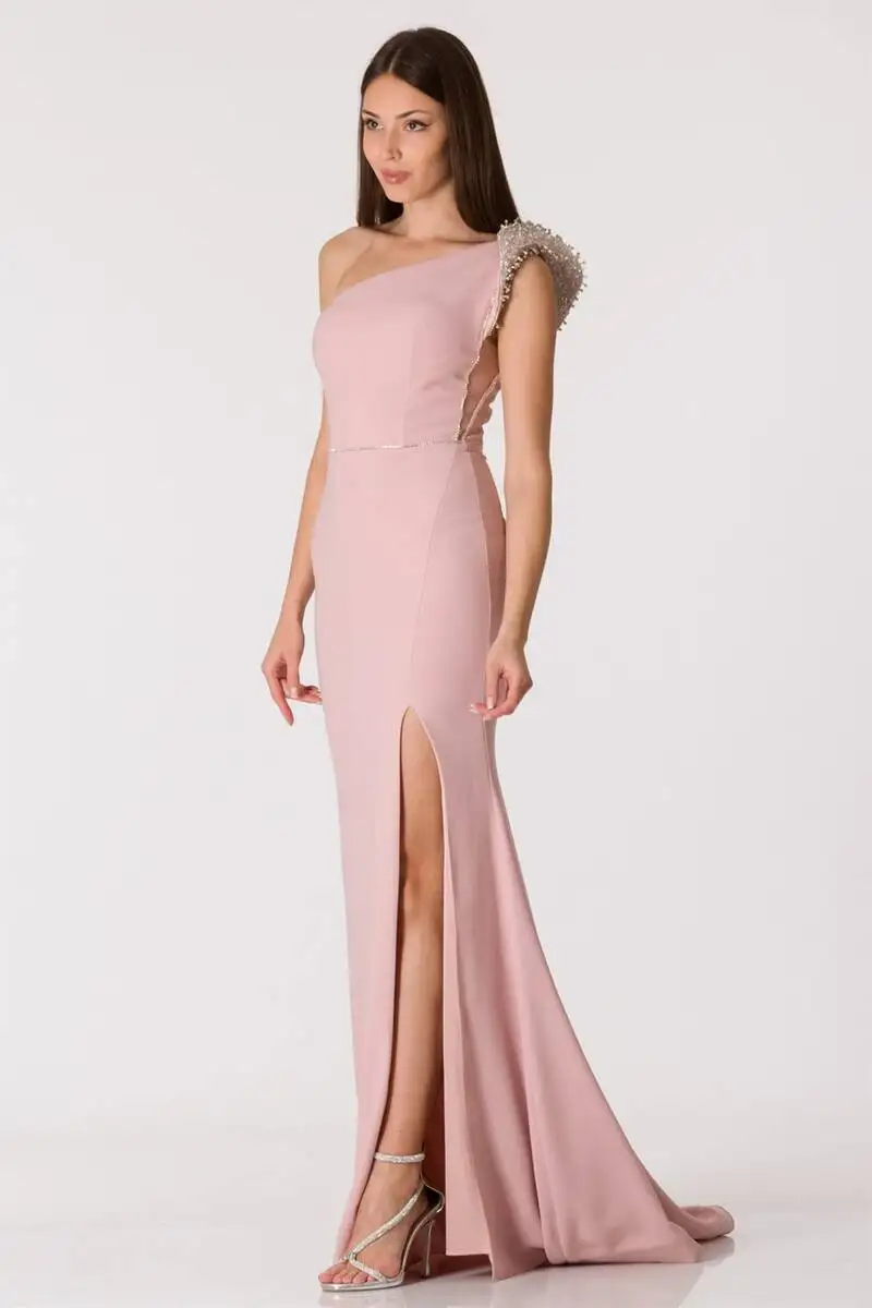 

One Shoulder Stone Embroidered Slit Evening Dress Powder