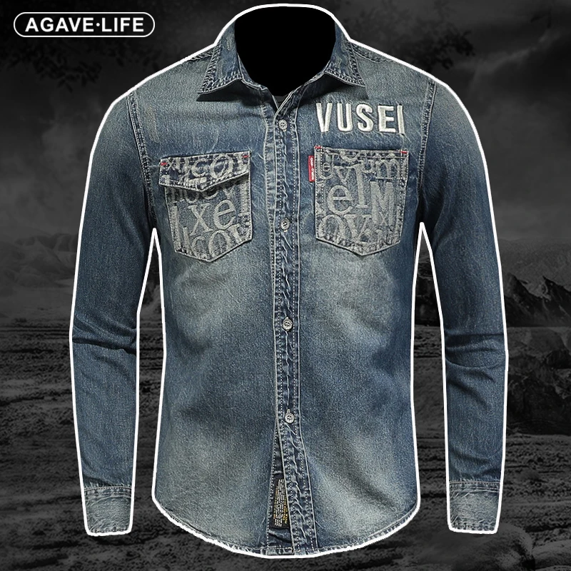 

Джинсовая рубашка мужская с вышивкой, винтажная Потертая джинсовая рубашка, модная уличная блуза в Корейском стиле, весна-осень