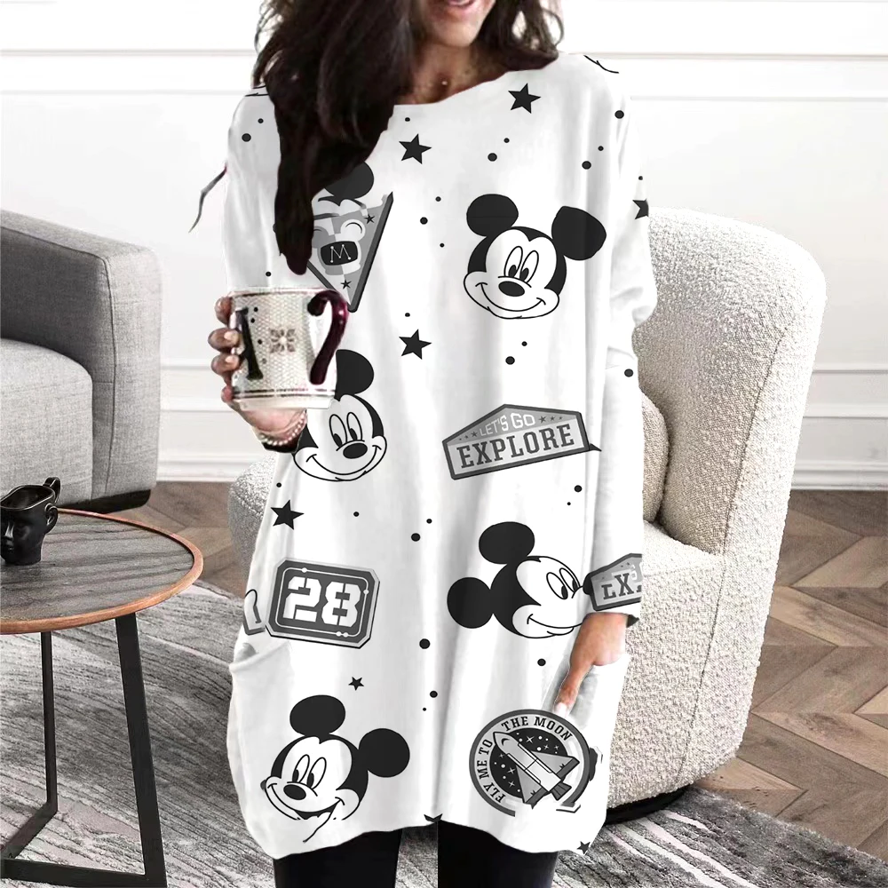 Elegant Disney Mickey print women's pocket hoodie Women's simple white dress long sleeve blouse women's spring fall sweatshirt