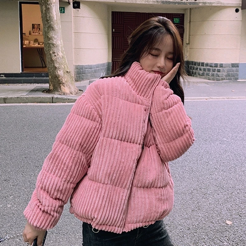 Trendy Winter Thick Corduroy Coat Women Korean Style Stand Collar Warm Cotton-Padded Jacket Female Zip Up Short Parkas
