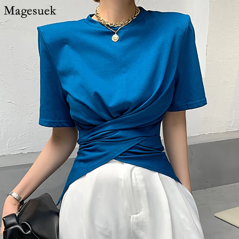 

Женская хлопковая футболка с коротким рукавом, элегантная белая футболка с перекрестной шнуровкой, модель 2023 на лето, 15918