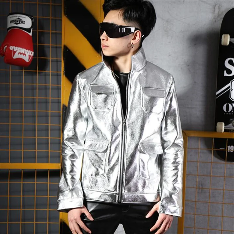 Silver PU jacket mens cool coats nightclub bar singer costumes stage costumes dance multiple pockets clothes