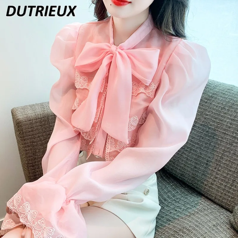 

Sweet Long Sleeve Chiffon Blouse Women's Spring Autumn 2023 New Western Style Unique Chic Top Beautiful Bottoming Shirt