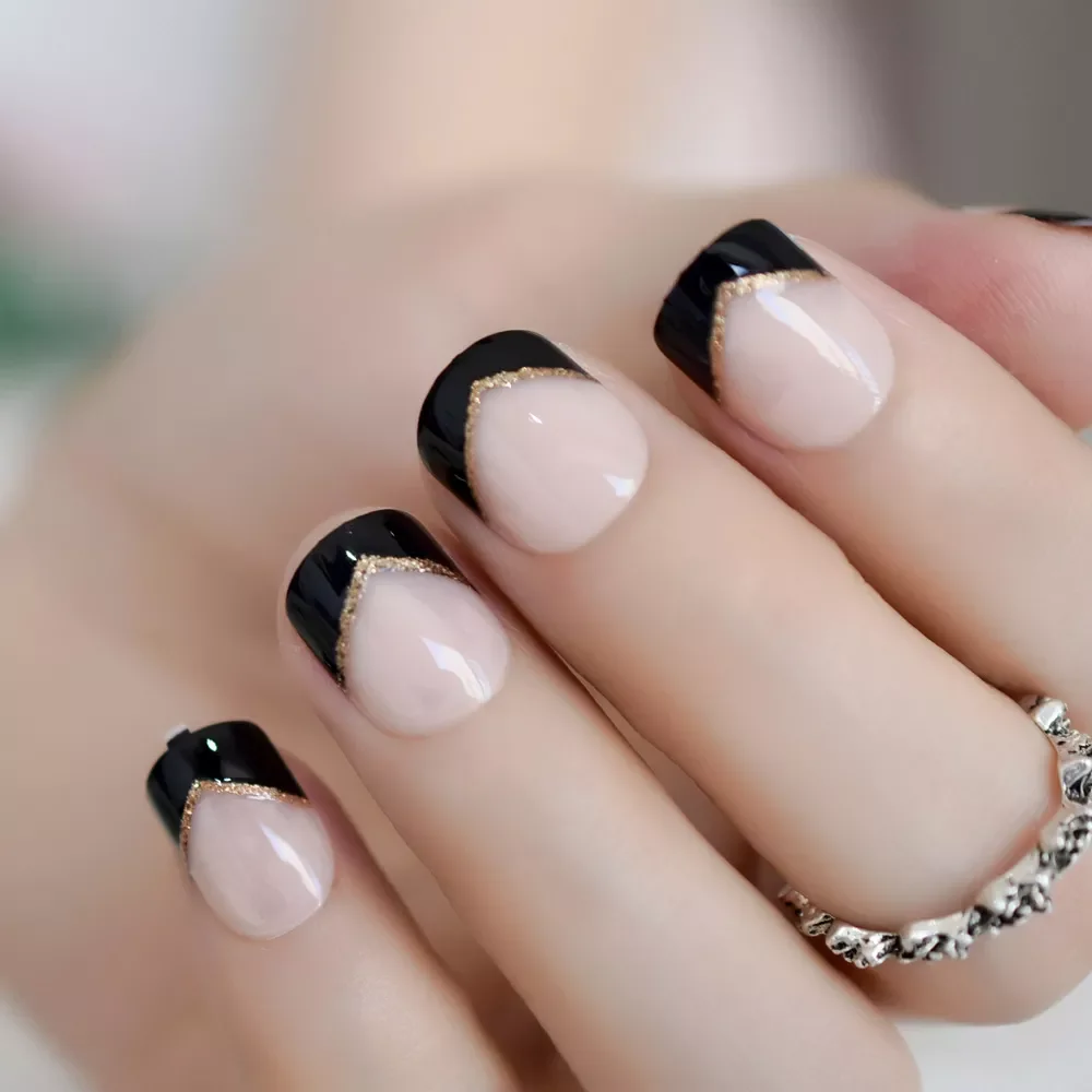 

24 pcs Short Black French Press on Fake Nails Tips Natural Beige Pink Squoval Head Full Cover faux ongles for Home Office Wear