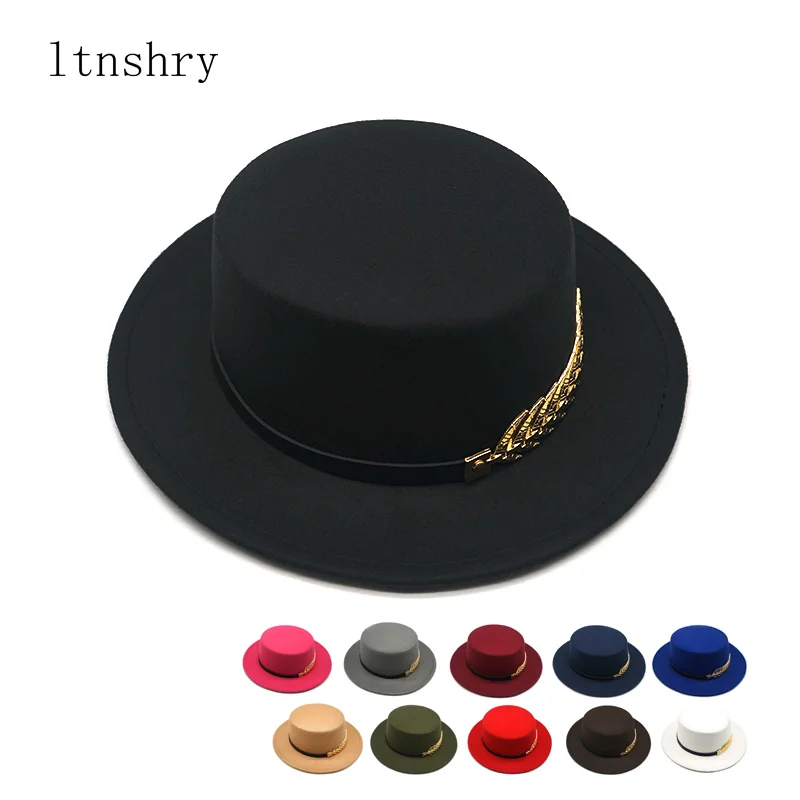 

Autumn Winter Women Men Wool Vintae Trilby Felt Fedora at Ribbon Wit Wide Brim entleman Eleant For Lady Flat top Jazz Caps