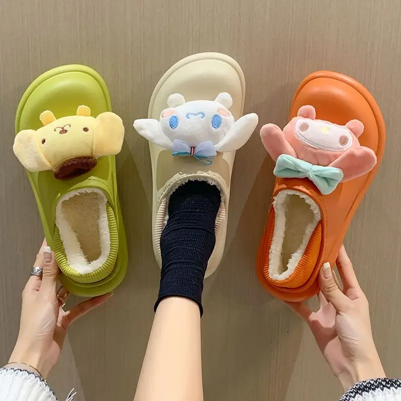 

Kawaii Sanrio Shoes Kuromi Purin Cinnamoroll Mymelody Cotton Slippers Warm Anti-skid New Thick Bottomed Cartoon Plush Slipper