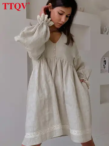 TTQV Fashion V-neck Patchwork Lace Women's Dress Elegant Khaki Long Sleeve Loose Dresses Casual Pleated Button Dresses Female