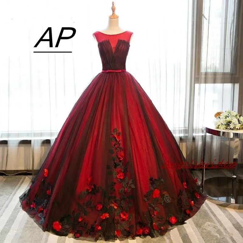 

Red Ball Gown 15 Year Old Quinceanera Dresses With Black Tulle 3D Flower Brithday Prom Party Lace Up