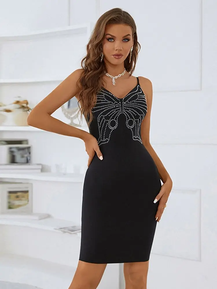 2022 Summer New Women Black Spaghetti Strap V Neck Bodycon Mini Bandage Dress Beading Butterfly Going Out Evening Party Dresses