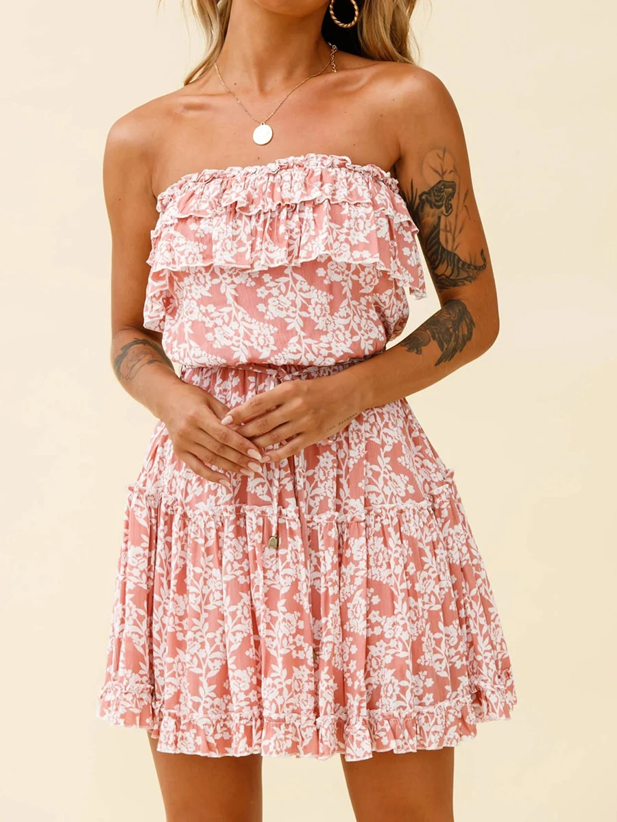 Floral Off-Shoulder Mini Dress with Tiered Ruffle Hem and Flowy Strapless Tube Design - A-Line Short Dresses for a Chic Look