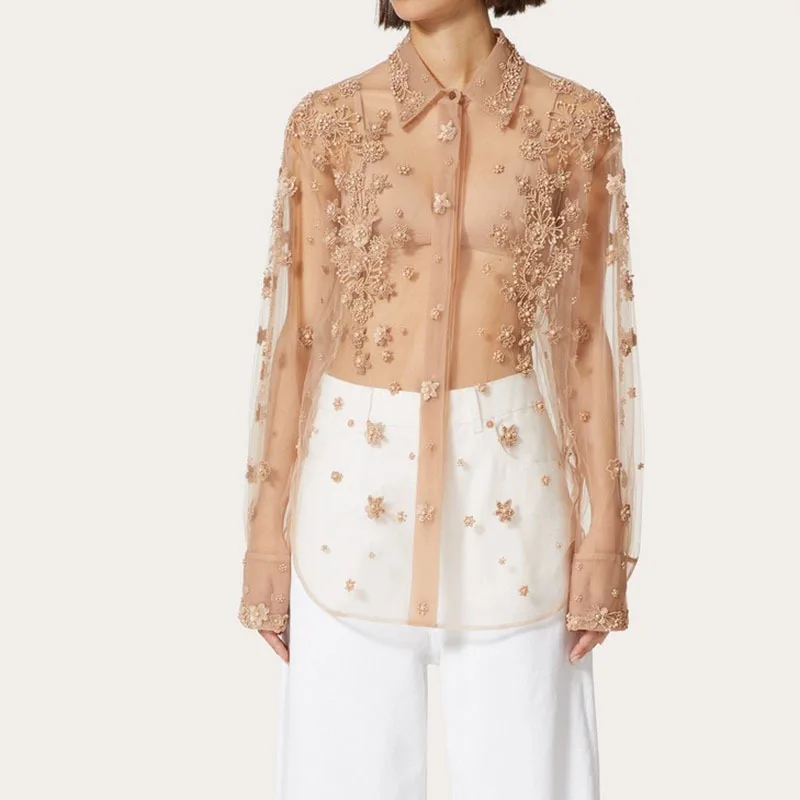 Женская винтажная сетчатая рубашка ручной работы с бусинами телесного цвета