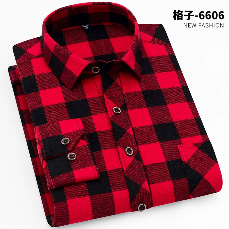 Korean Fashion Spring and Autumn Men's Plaid Shirt Long Sleeve Square Neck Casual Fit Large Red Plaid Men's Shirt Top