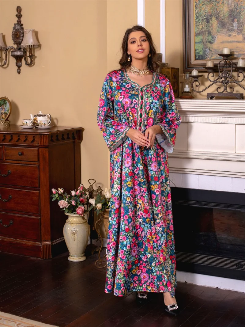 Modest Dress For Woman Elegant Casual Spring Floral Printed Long Dresses V-Neck Lace Tape Muslim Fashion Abaya Jalabiyat Ramadan
