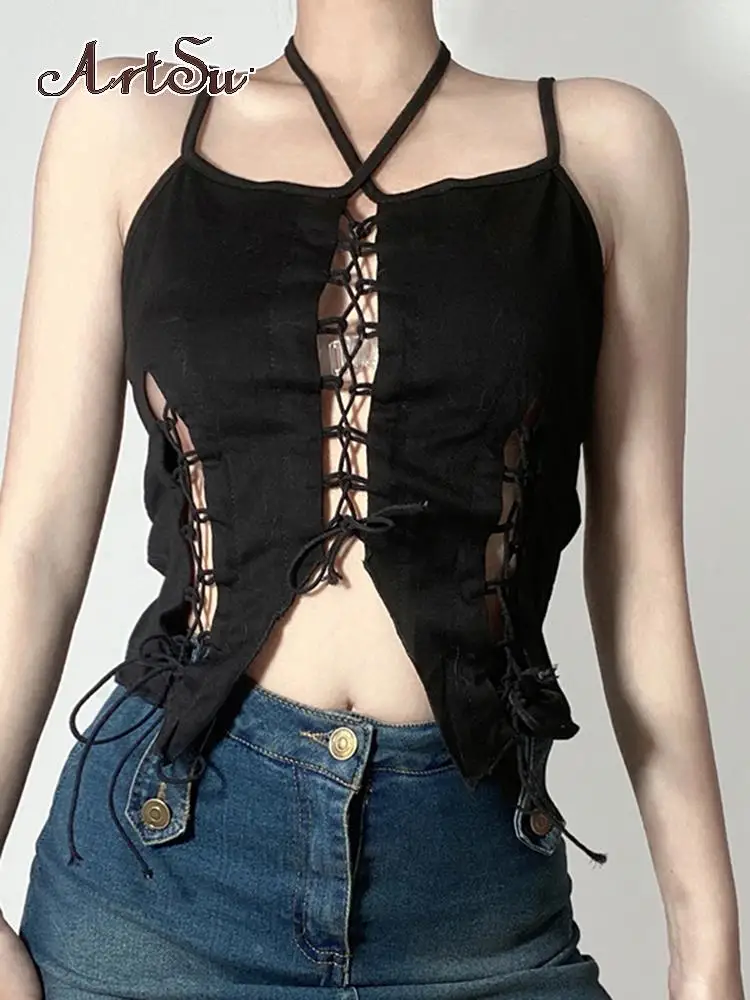 

Женский трикотажный топ Artsu, с вырезами, на шнуровке, в стиле пэчворк, на бретелях, облегающие, без рукавов, Клубные, вечерние, летние, для женщ...