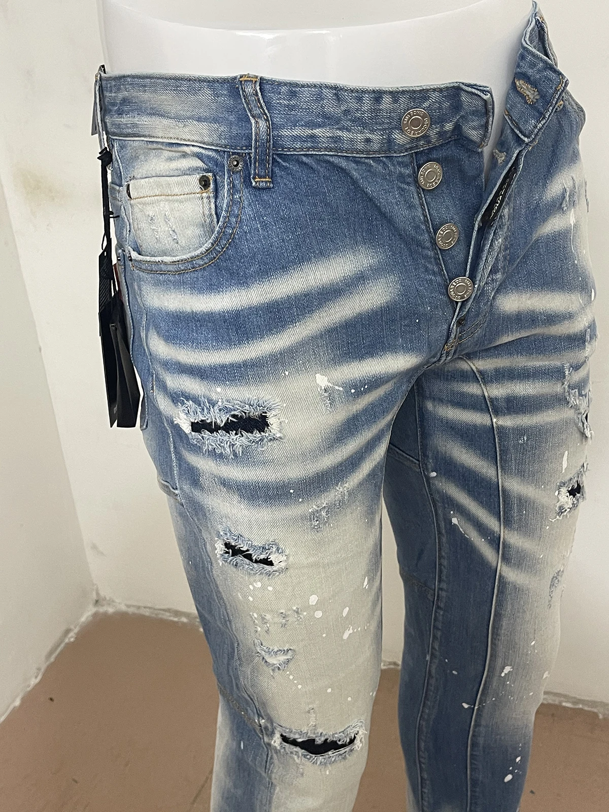Spring and autumn 2023 new D2 Men's light blue jeans, fashion patch holes paint small feet D2 jeans