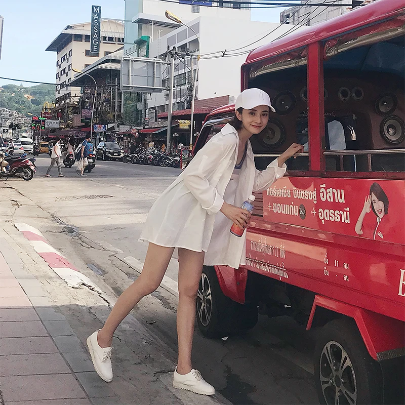 

Drape loose white mid-length sunscreen shirt women's travel cardigan shirt thin coat summer top