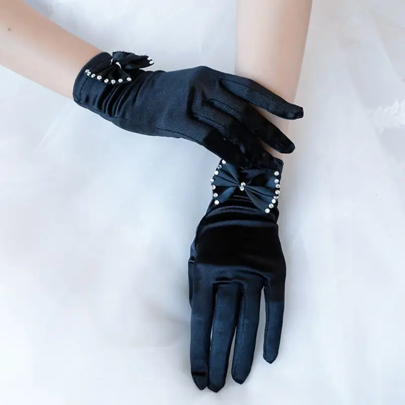 

Womens Vintage Satin Short Wedding Gloves Rhinestone Jewelry Bowknot 1920s Flapper Opera Party Bridal Stretchy Full Finger