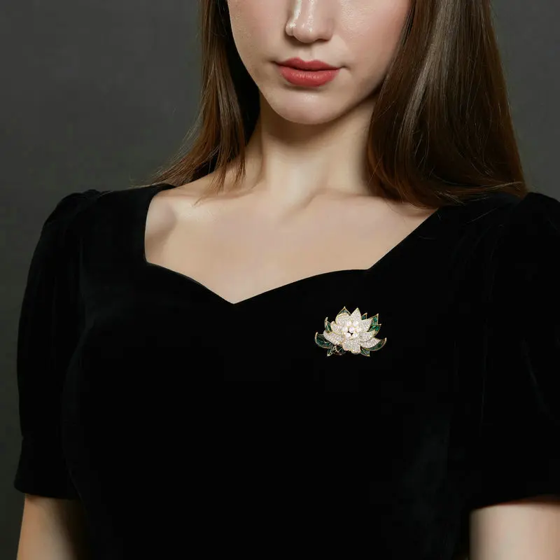 Женская Брошь в стиле ретро Корсажная брошь виде листьев лотоса с жемчугом и