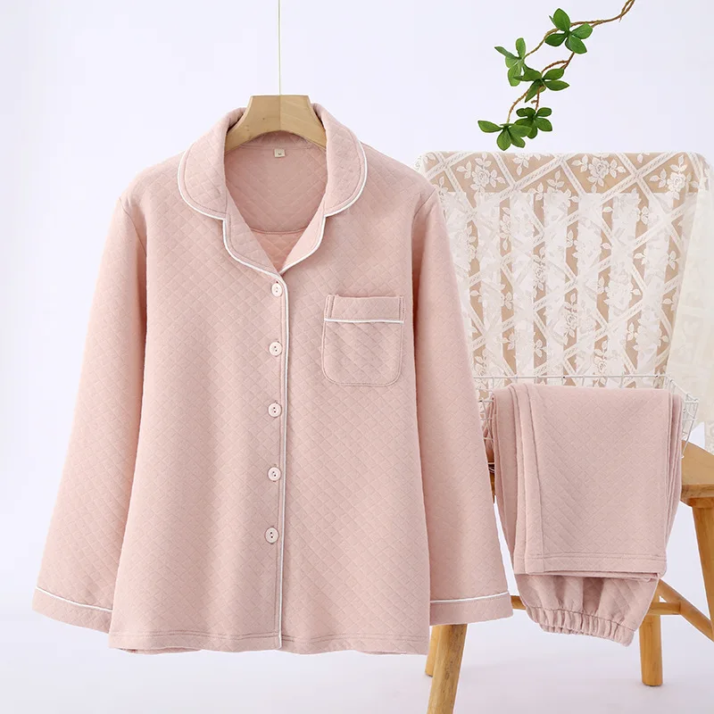 Couple Winter Pajamas Set Solid Color Air Layer Cotton Sleepwear Suit Breathable Warm Home Clothes V-neck Nightwear Men Women