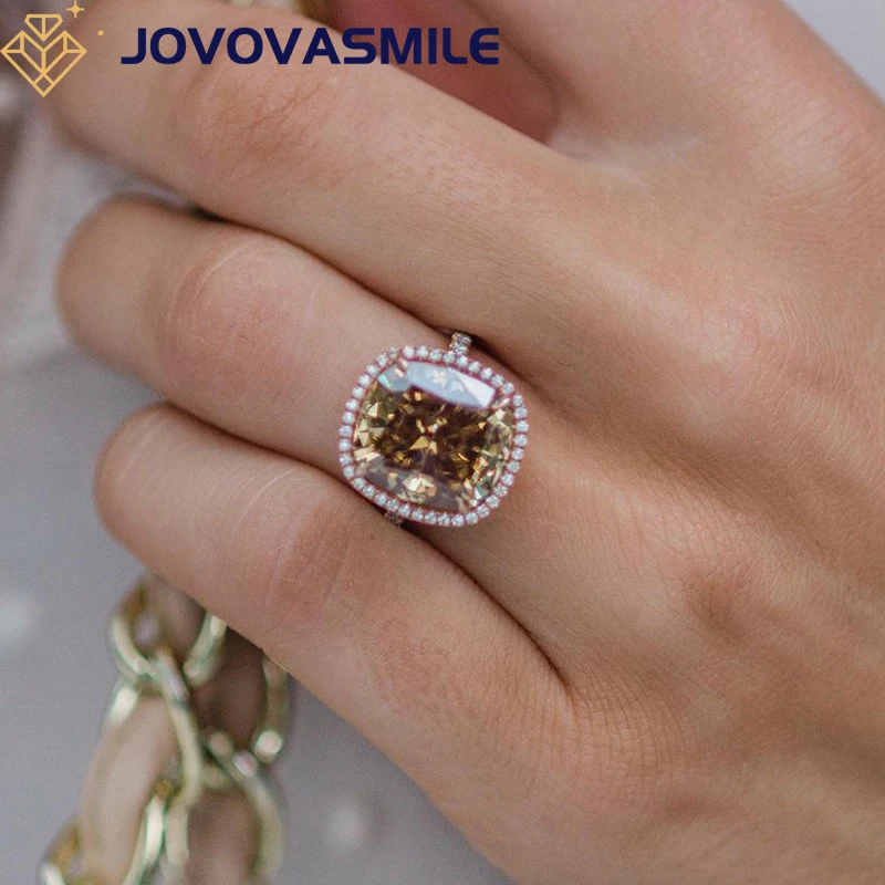 JOVOVASMILE Champagne Moissanite Diamond Ring 8carat 12x11mm Crushed Ice Cushion Cut Real 18k Rose Gold Jewelry for Women