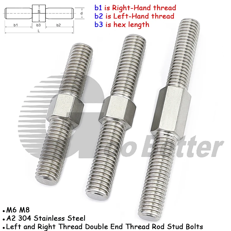 2pcs A2 304 Stainless Steel Dual Head Threaded Bar Stick M6 M8 Left and Right Thread Double End Thread Rod Stud Bolts